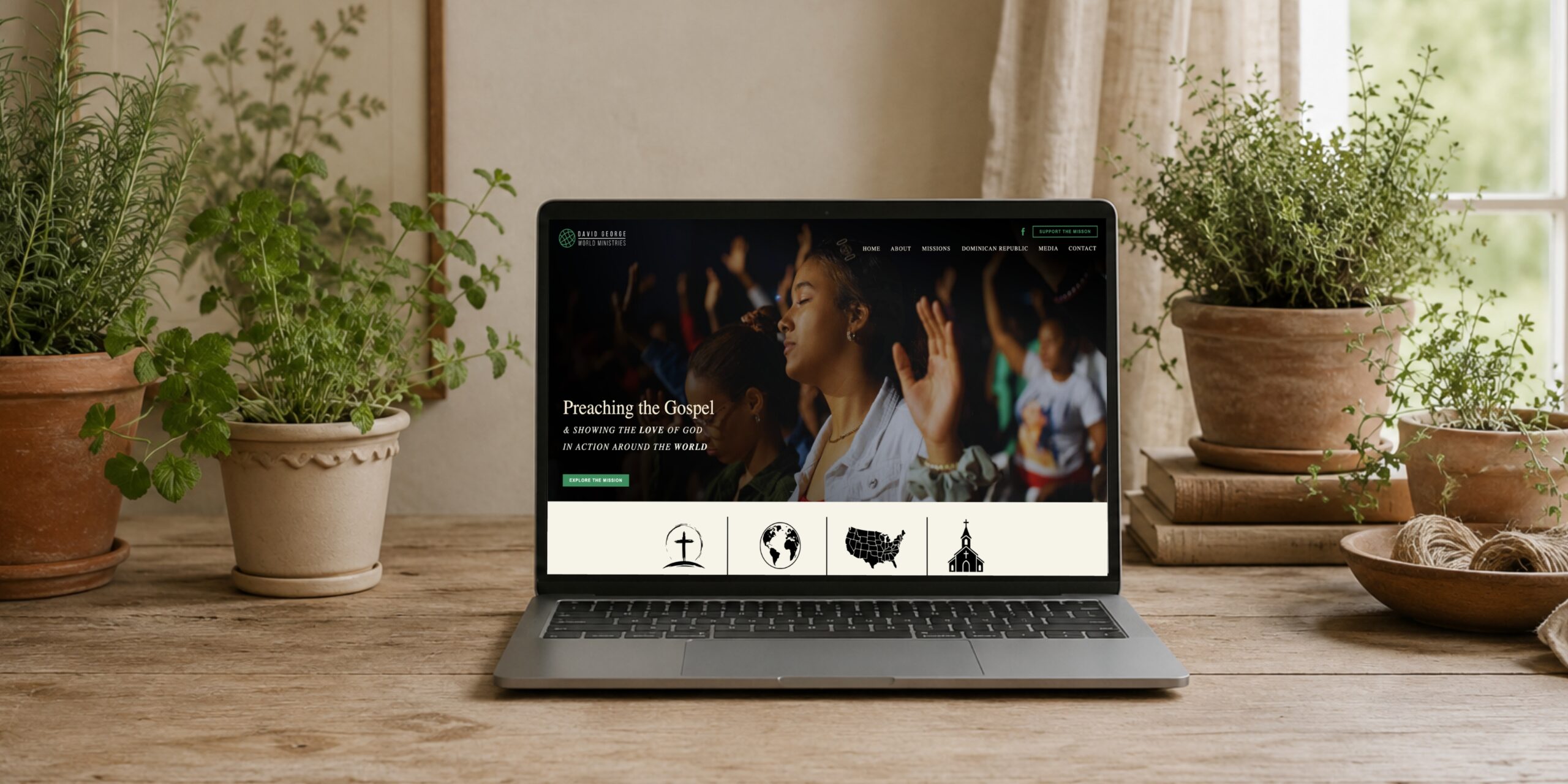 Laptop displaying a missionary website built on Showit, showing clear vision and design for Kingdom business